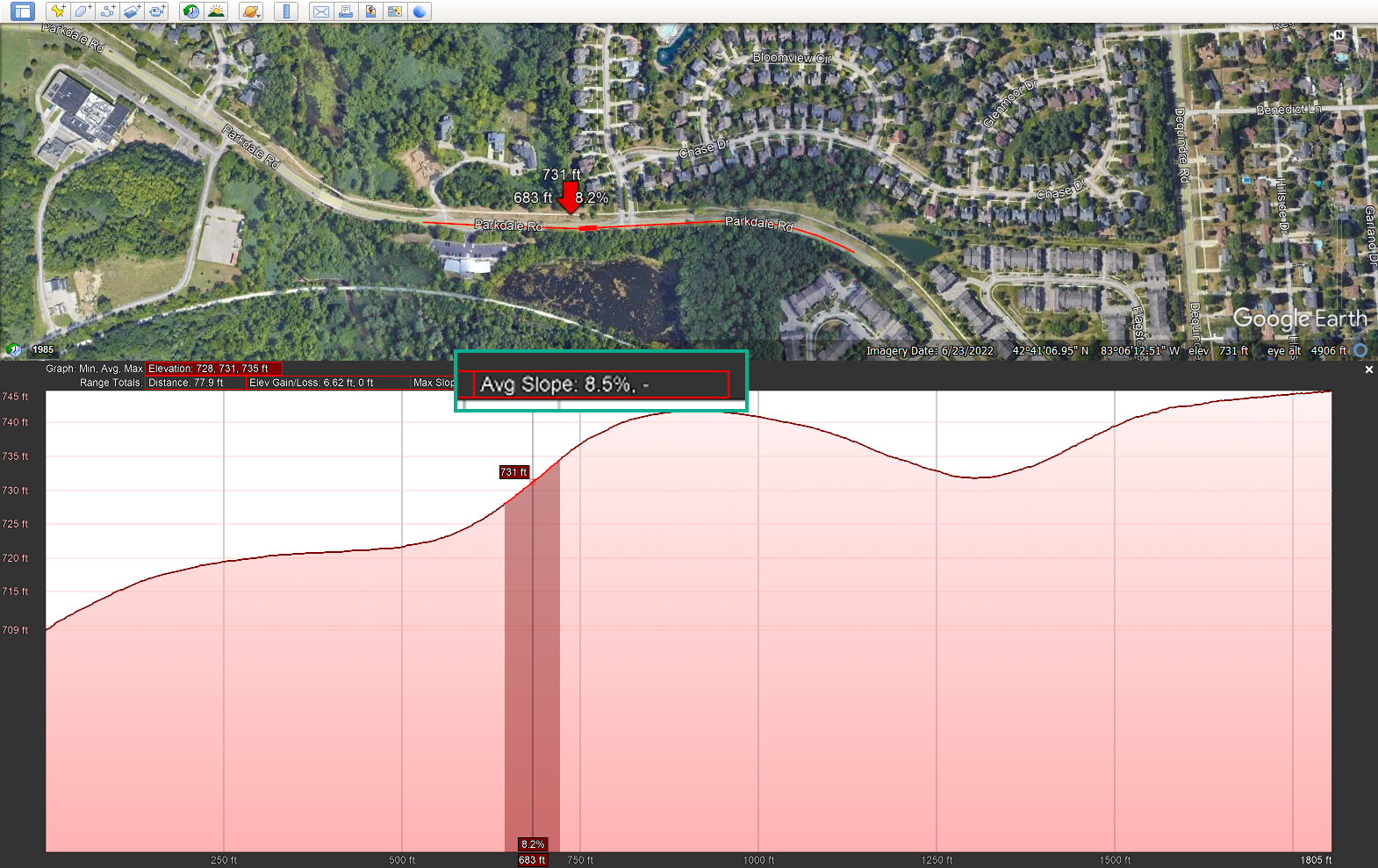 Google Earth Pro desktop view showing the first step for locating and reviewing the crest vertical curve in plan/profile context